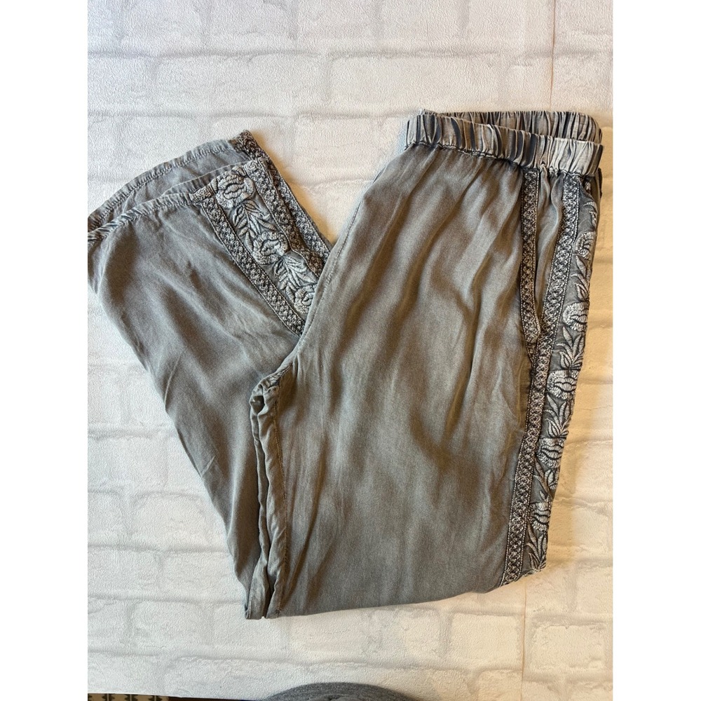 Solitaire XL Grey Embroidered Side Stripe Elastic Waist Boho Wide Leg Pants